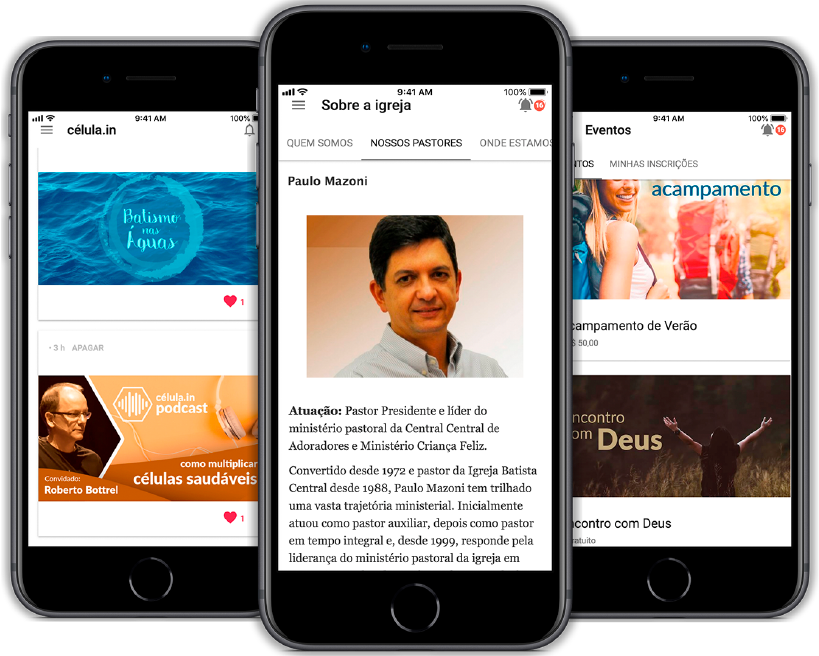 Três celulares lado a lado com o aplicativo da igreja aberto: o feed de notícias, a página Sobre a igreja com o perfil de um dos pastores e a lista de eventos com as inscrições abertas.
