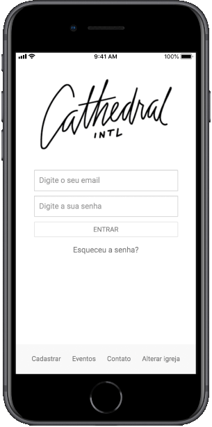 Tela de entrada do aplicativo da igreja Cathedral International, com a logomarca da igreja acima dos campos de e-mail e senha.