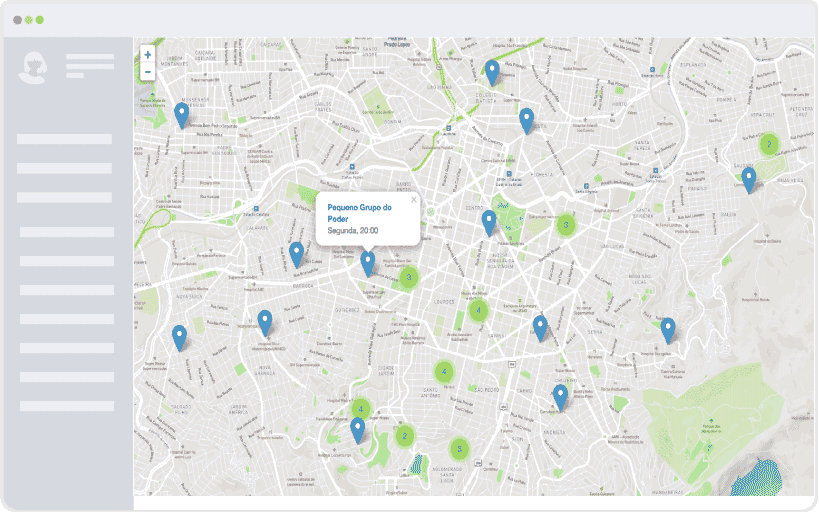 City map with the church's cell groups marked by pins. One pin is open and shows the small group name and the day and time of its meeting.