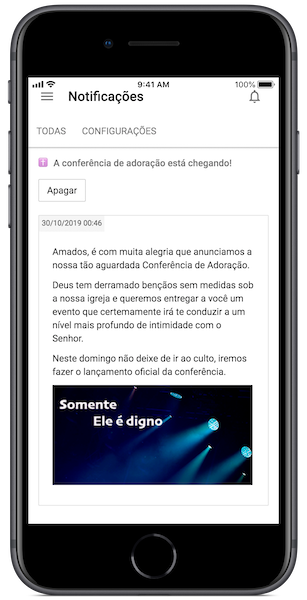 Tela de notificações no celular, com o aviso de uma conferência de adoração enviado pela igreja e a arte do evento ao fim da mensagem.