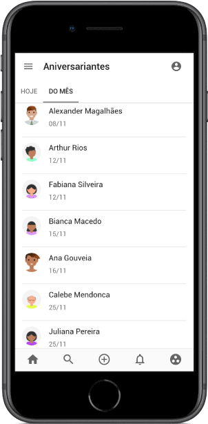 Tela de aniversariantes no celular, com as abas Hoje e Do mês e a lista de pessoas com a data de aniversário de cada uma.