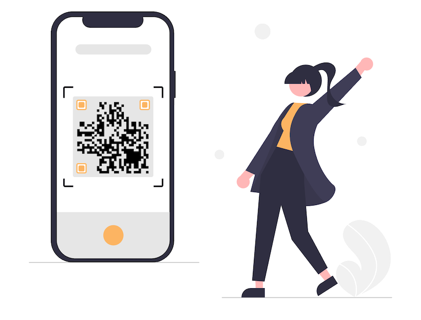 Ilustração de um celular lendo o QR Code de um ministério, com uma pessoa comemorando.