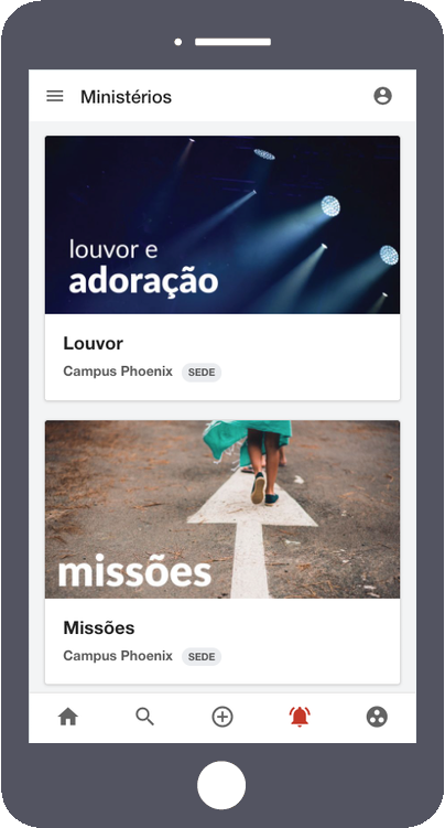 Lista dos ministérios da igreja no celular, cada um com a imagem de capa, o nome e a congregação a que pertence.