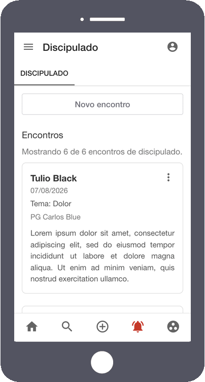 Tela do aplicativo mostrando a área de discipulado, com o botão para lançar um novo encontro e a lista dos encontros já registrados. Cada registro traz o nome do discipulando, a data, o tema conversado e a célula.