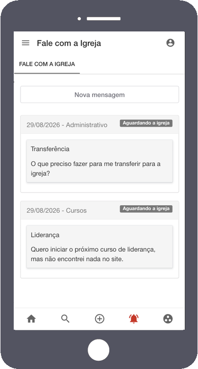 Tela do Fale com a Igreja no celular, com o botão de nova mensagem e a lista de contatos abertos. Cada um traz a data, o assunto, o título da mensagem e a marca de aguardando a igreja.